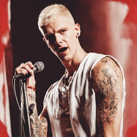 Hip-hop art: White rapper, blonde hair, tattoos, white vest, red background