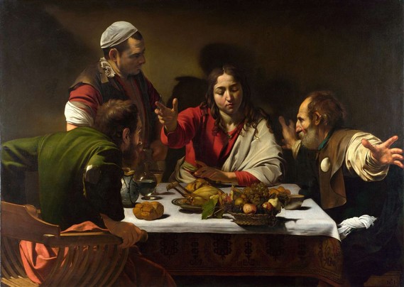 Supper at Emmaus (1601). The painting depicts the moment when the resurrected but incognito Jesus reveals himself to two of his disciples (presumed to be Luke and Cleopas) in the town of Emmaus, only to soon vanish from their sight (Gospel of Luke 24: 30–31). Cleopas wears the scallop shell of a pilgrim. The other apostle wears torn clothes. Cleopas gesticulates in a perspectively-challenging extension of arms in and out of the frame of reference. The standing groom, forehead smooth and face in the darkness, appears oblivious to the event.