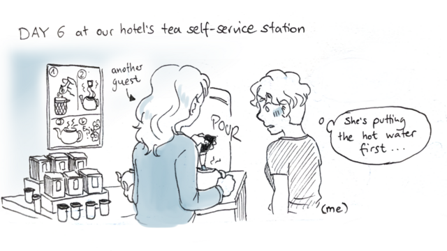 Doodle-like comic panel with headline: Day 6, at our hotel’s tea self-service station. Another gues is standing at the tea station which has a chart on how to brew tea and various tea boxes. She is pouring water into a teapot. I stand next to it, thinking: She’s putting the hot water first…