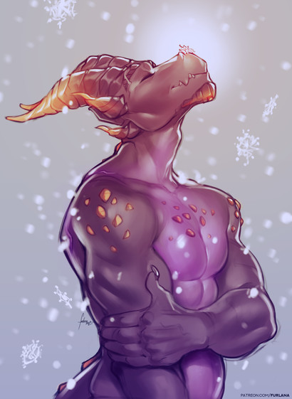 A large, muscular, anthropomorphic dragon looks upwards with closed eyes and a contented expression as within a snowy scene a single flake of snow settles on the end of their snout.
