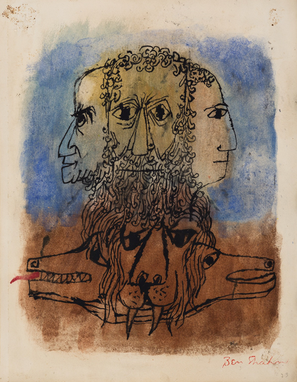 Three heads representing youth, middle age, and old age. Beneath the heads are 3 animal heads. In the center a Lion, on each side a canine of some kind. Wolf? Coyote? Dog?