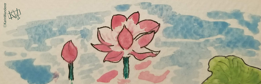 Watercolor of pink waterlilies (one open & one a bud) and a lily pad. The flowers are reflected in the rippling water.