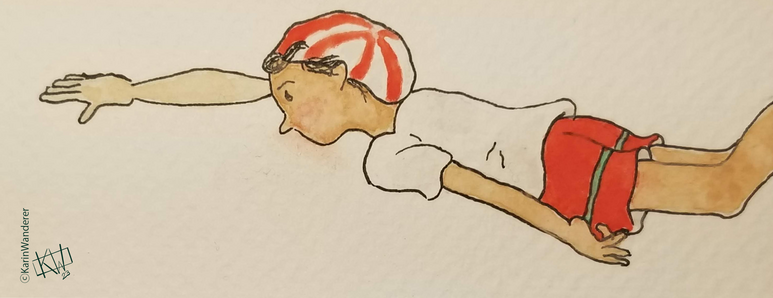 Watercolor of a girl in a red & white striped hat, white shirt, & red shorts flying through the air as if swimming.