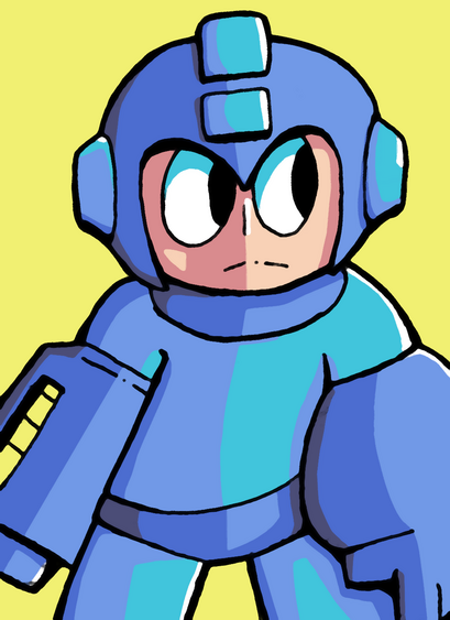 a portrait of the blue Capcom character, Mega Man. Standing in the middle of the frame facing forwards, against a yellow background with his eyes looking to the right.