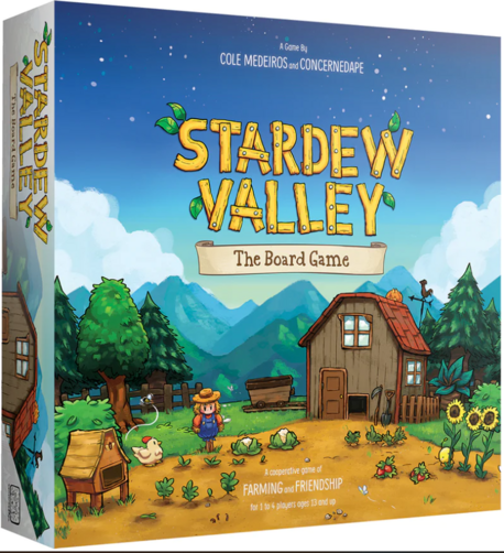 The box for the Stardew Valley Boardgame. It has an illustration of a farm with a barn, scarecrow, and some crops. The text reads "A cooperative game of farming and friendship. 1-4 players.