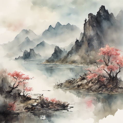 An image generated by Stable Diffusion, with the prompt "Chinese-style watercolor painting of a mountain lake, post-apocalyptic, bloom, in the distance, trending on artstation"