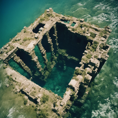 An image generated by Stable Diffusion, with the prompt "Movie still of underwater ruins, indie, street photography, aerial view, ektachrome"