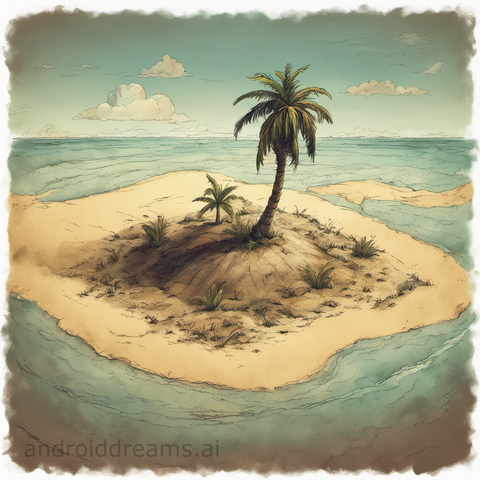 An image generated by Stable Diffusion, with the prompt "Storybook drawing of a palm tree on a deserted island, post-apocalyptic, aerial view, in the style of Pixar"