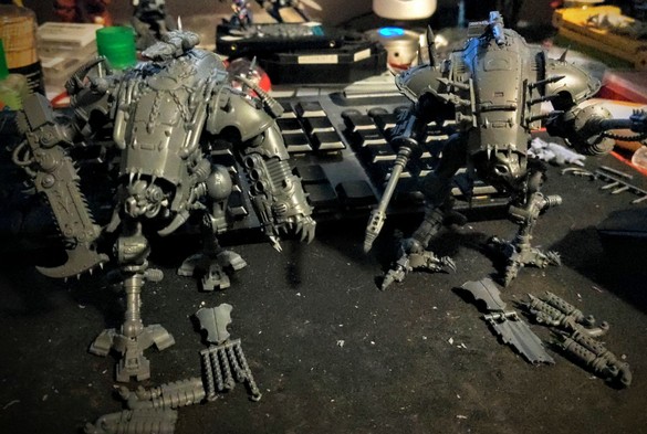 Chaos War Dogs miniatures by Games Workshop.  A Huntsman and an Executioner chassis assembled through kitbashing.