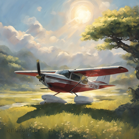An image generated by Stable Diffusion, with the prompt "Japanese-style painting of a Cessna 172, organic, god rays, in the distance, trending on artstation, bloom"