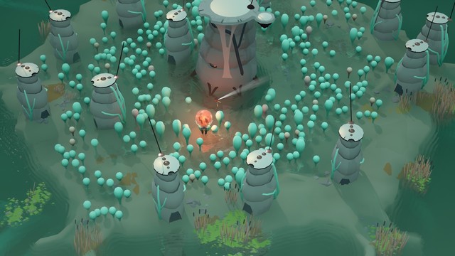 Capture d’écran du jeu-vidéo Cocoon sur laquelle apparait le petit personnage muet du jeu, un insecte ailé.
Il se trouve au milieu d’un environnement aquatique et verdoyant, il y a des rochers cylindriques ressemblant vaguement à des termitières et il porte une petite boule translucide de couleur orange.