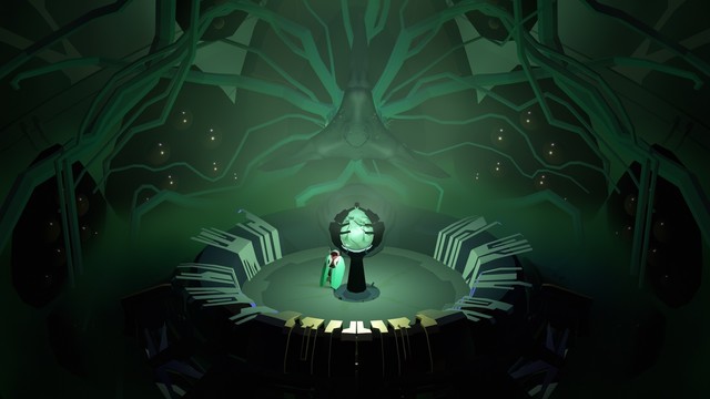 Capture d’écran du jeu-vidéo Cocoon, le petit personnage ailé se trouve dans un abri végétal, l’ambiance est tamisée, l’éclairage de couleur verte.
Il se trouve au centre de l’image, il attend devant un réceptacle, dans lequel se trouve une boule translucide, également de couleur verte.