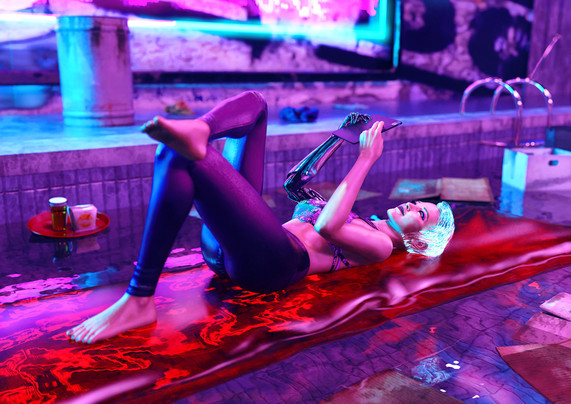An Asian woman with glowing fibre optic hair lying on a lilo in a trash filled pool with suspiciously clean water. She's looking at a tablet.