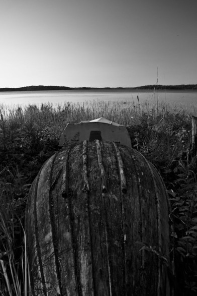 Small old wooden boat  and a newer small boat behind it on the shore lying upside down. The picture is in black&white. All around the boats are plants and grass.