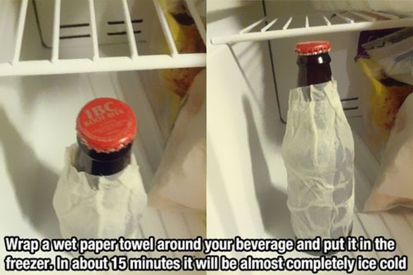 wrap et paper towel around drink and put to freezer - 15 min and they're cold