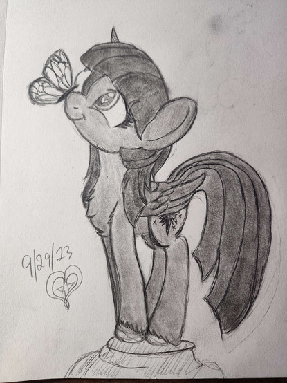 A traditional pencil drawing of Twilight Sparkle in alicorn form. She is standing on a rock looking upward at a butterfly which has alighted on her nose with a happy smile and love in her eyes. She is perched and holding still so as not to disturb the butterfly.

Be warned, the cuteness level is potentially lethal. Viewer discretion is advised.