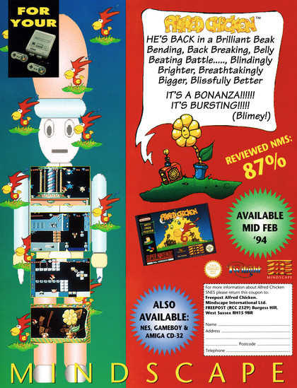 Back cover for Total! 27 - March 1994 (UK) featuring an advertisement for Alfred Chicked on Super Nintendo