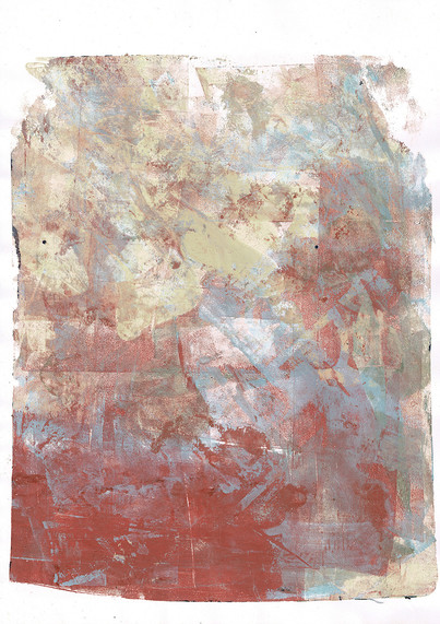 A monoprint pulled from a gelplate as a clean-up print: messy mixed paint remnants in muted red, light blue, off-white and a light beige.