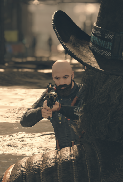 Screenshot from the game Starfield showing a player character aiming a rifle at Sam Coe's head, camera is positioned close behind Sam Cow's head and you can see his annoying hat.