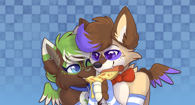A cat and fox furry eating pizza together