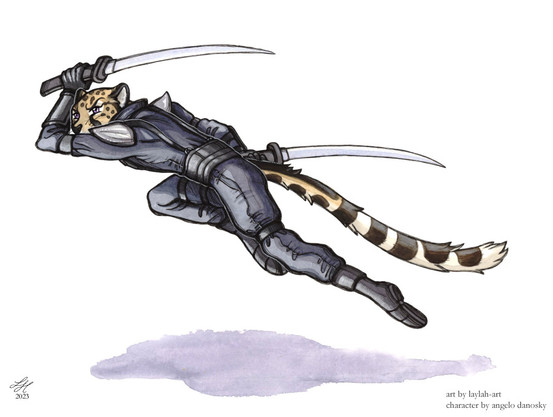 a watercolor drawing of an anthropomorphic cheetah in a military suit, leaping midair and wielding two short swords