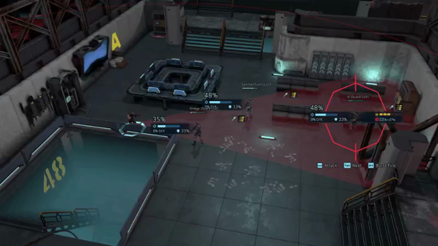 GIF from Cyber Knights: Flashpoint, an isometric tactical RPG. A player's squad member targets three enemies within a red targeting cone and fires, unleashing a rapid barrage of bullets dealing a critical hit to all three, blasting them down.