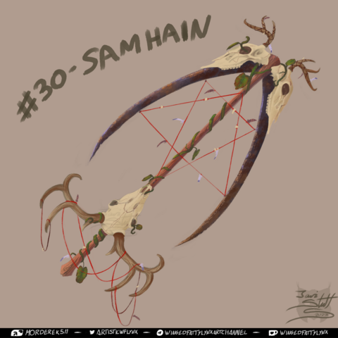 Design despicting a double scythe decorated with a red cord and deer skulls. A yellowing pumpkin vine climbs around the handle and main body of the scythe and keeps the skulls in place