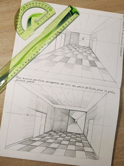 2 dessins d'un couloir carrelÃ© en perspective Ã  1 point de fuite l'un en dessous de l'autre dans mon carnet
