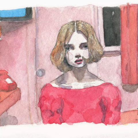 Illustration Ã  l'aquarelle d'une jeune femme (Jane), blonde, portant un vÃªtement rouge. InspirÃ©e du film Paris Texas