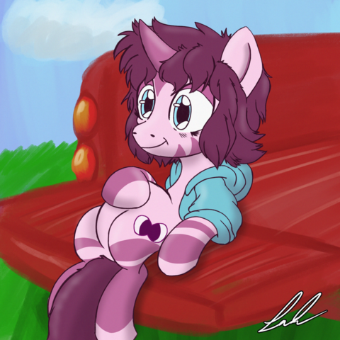 A digital drawing of Vee as a pony, like those found in the My Little Pony show. He sitting back and relaxing on the bed of a red truck
