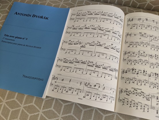Partitions de musique : Dvorak, trio avec piano nÂ° 3, 1er mouvement, transcription pour piano de Nicolas Hussein. Un exemplaire refermÃ©, sur la gauche, et un exemplaire ouvert sur la droite, posÃ©s sur mon canapÃ©