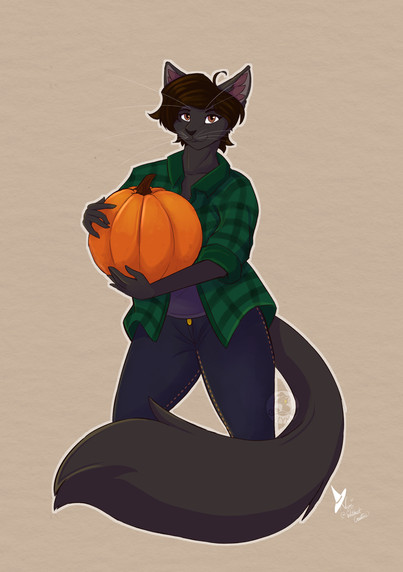 A digital art piece of an anthro black cat holding a pumpkin