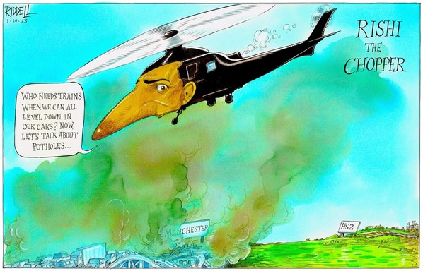 Rishi Sunak is depicted as a bird-like helicopter dropping in to the 2023 Tory party conference.