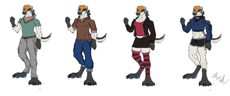 Several drawings of a furry in various outfits