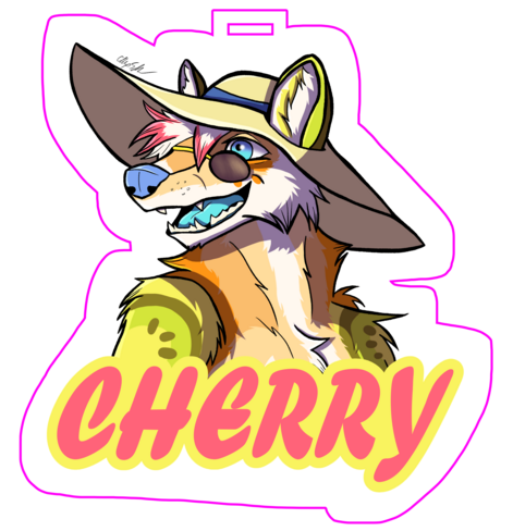 A convention badge of a tropical themed wild dog