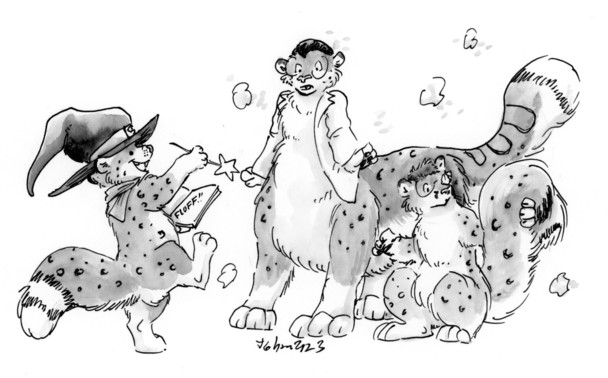 Nall as a little snow leopard in a witch's hat, with a spell book and magic wand, turning Naomi into a snow leopard 'taur in her labcoat, and Miette into a little snow leopard like them.