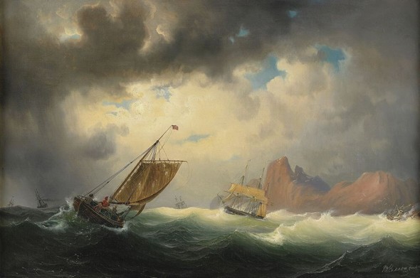Sailing ships strugging on a cloudy stormy day with rocks in the background Victorian art