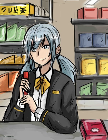 Image: A woman with light blue hair stands behind the counter of a convenience store. She is in a black and gold uniform. Behind her are stacked shelves of goods.

コンビニエンスストアのカウンターに立つ青い髪の女性。彼女は黒と金の制服を着ている。背後には商品が積まれた棚がある。