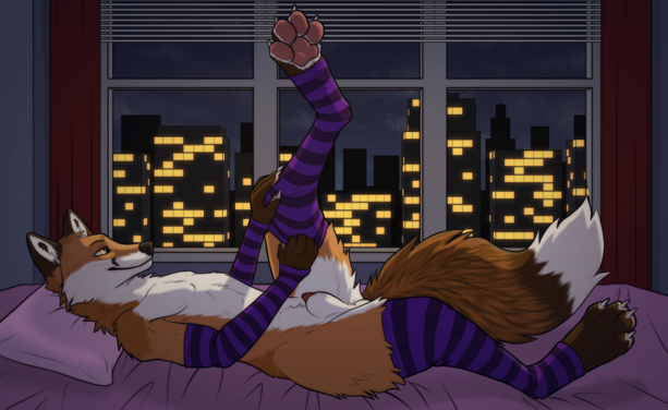 Furry artwork of an anthro red femboy fox putting leg stockings on in bed with a window in the background displaying a cityscape at night