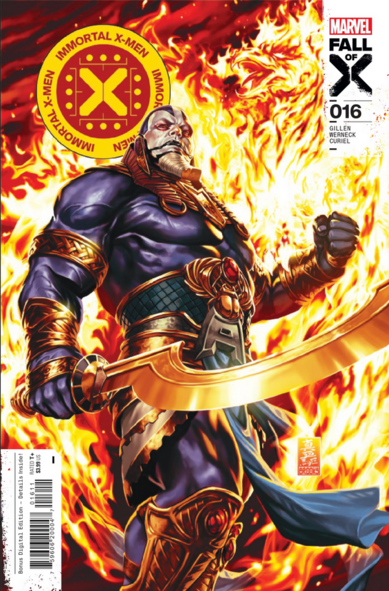 cover of a comic book featuring a large blue character, very strong, surrounded by fire, holding blade