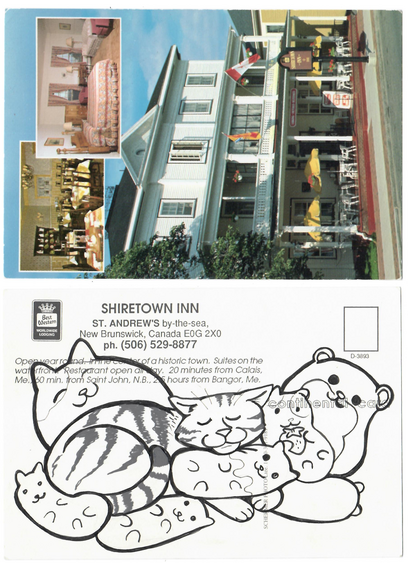 Scanned postcard, front and back. On the front: the exterior of the Shiretown Inn, a hotel in New Brunswick. On the back: a pen and ink drawing of a tabby cat asleep on a pile of stuffed animals.