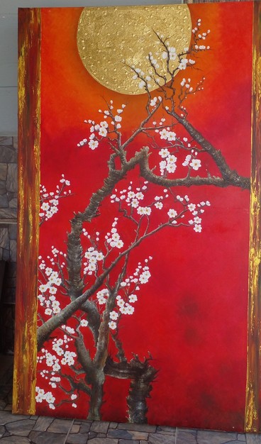 a painting of a branch of a cherry blossom tree against a red background, a gold sun at the center of the top of it