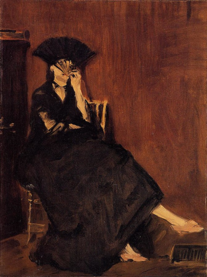 painting of a woman wearing a black dress, sitting, against a dark brown background, holding a black fan over her face