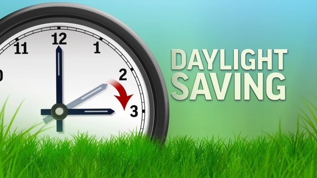 A graphic with a clock showing the hour hand being moved forward from 2 o'clock to 3 o'clock and the caption Daylight Saving
