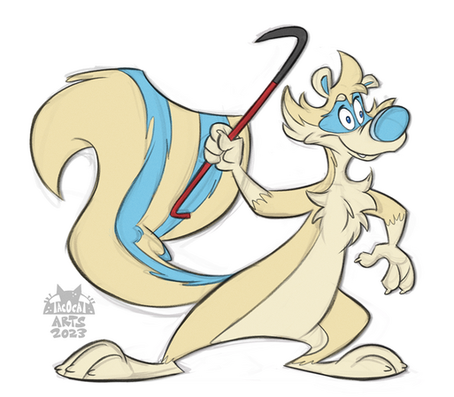 a cream and pale blue cartoon skunk with a derpy look on their face, holding a crowbar