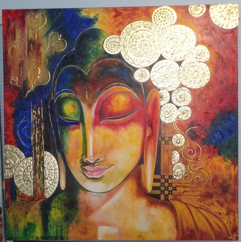 painting of the Buddha done in amber, green, blue, and orange tones with golden wheel designs around him
