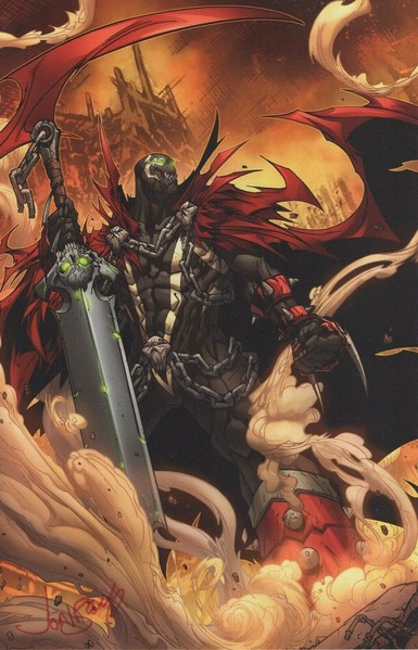 painting of a character with a red cape, a very large upside-down sword is in the grip of his hands, there is smoke everywhere