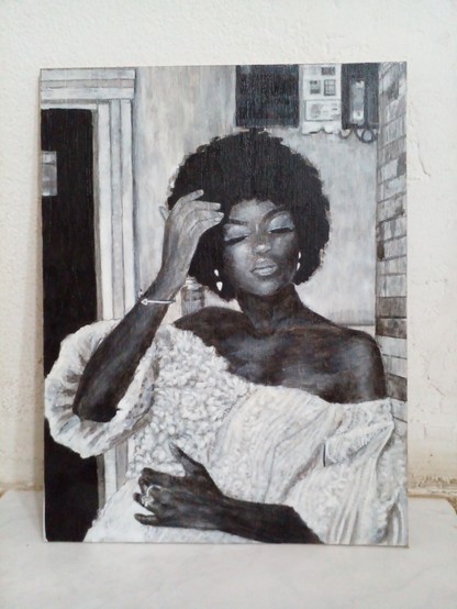 black and white painting of an African woman wearing a beautiful ruffled white shirt, one hand to her head and the other against her torso, looking out a window