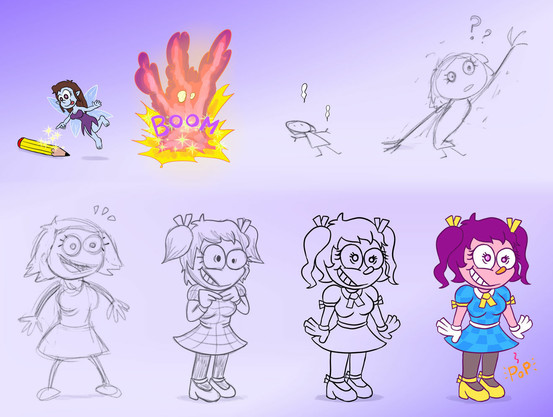 Silly fairy accidentally turns into doodle that slowly evolves into a toon girl.