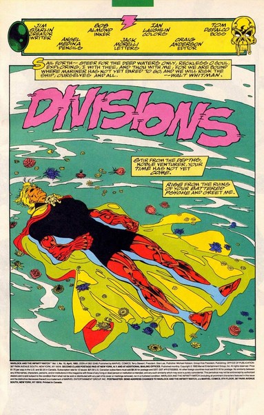 page of comic book showing man with red and gold cape floating in water, flowers are around him